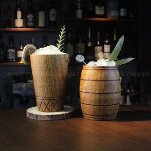 橡木桶造型杯创意海盗调酒杯木纹趣味木酒杯 复古木质鸡尾酒杯个性