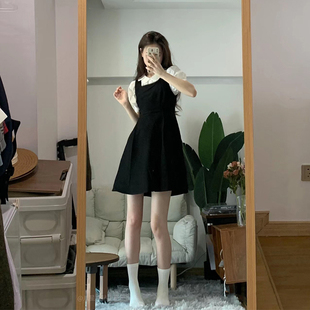 泡泡袖 日系甜美衬衫 背带裙套装 2023新款 黑色小个子连衣裙女夏季