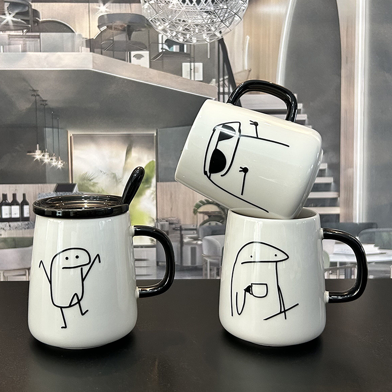 陶瓷马克咖啡杯男女生情侣家用早餐牛奶泡茶喝水卡通带盖 创意个性