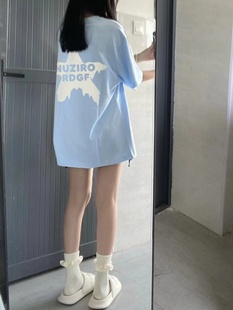 女夏季 2024新款 宽松设计感小众上衣情侣装 t恤潮牌半袖 奶蓝色短袖