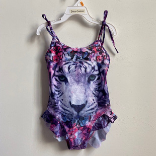 紫色印花老虎吊带连体泳衣 女童夏季 新款 泳装 出口 外贸