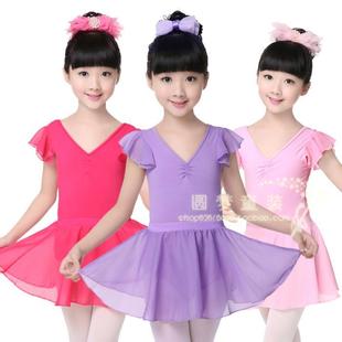 新款 女童舞蹈练功服短袖 幼儿跳舞裙紫色 芭蕾舞肩纱连体雪纺裙夏季