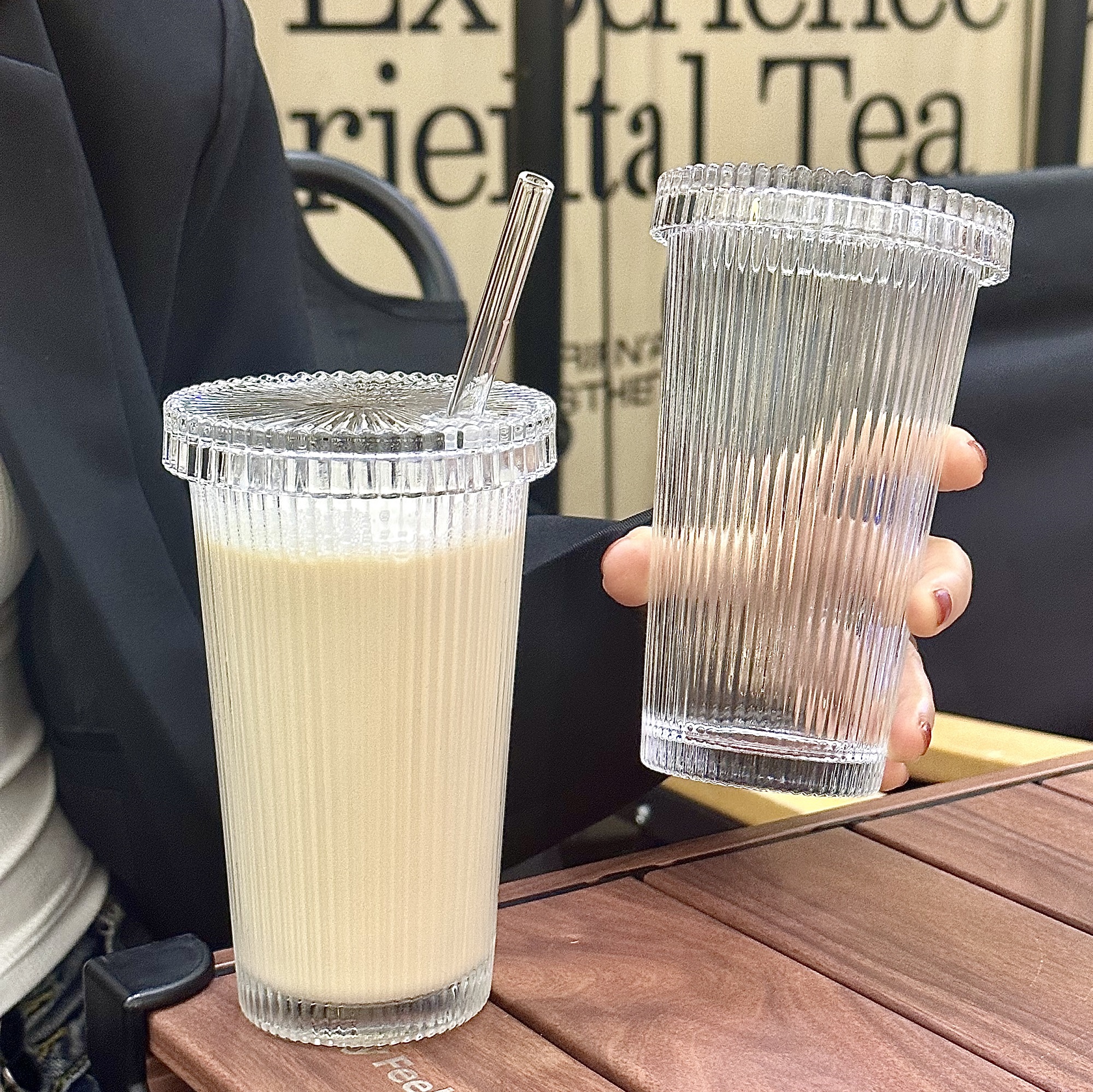 ins高颜值牛奶杯子冰咖啡杯饮料杯玻璃水杯 简约竖条纹带盖吸管杯