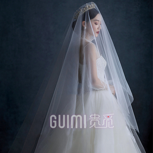 复古高清头纱新娘婚纱拍照韩国清透水晶软纱盖头军婚出场薄纱