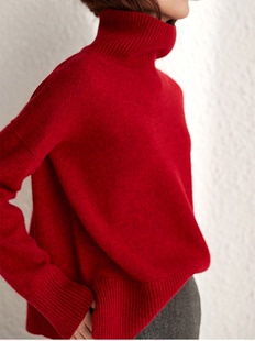 100纯羊绒开叉新年红色毛衣本命年洋气宽松 女2021新款 高领羊绒衫