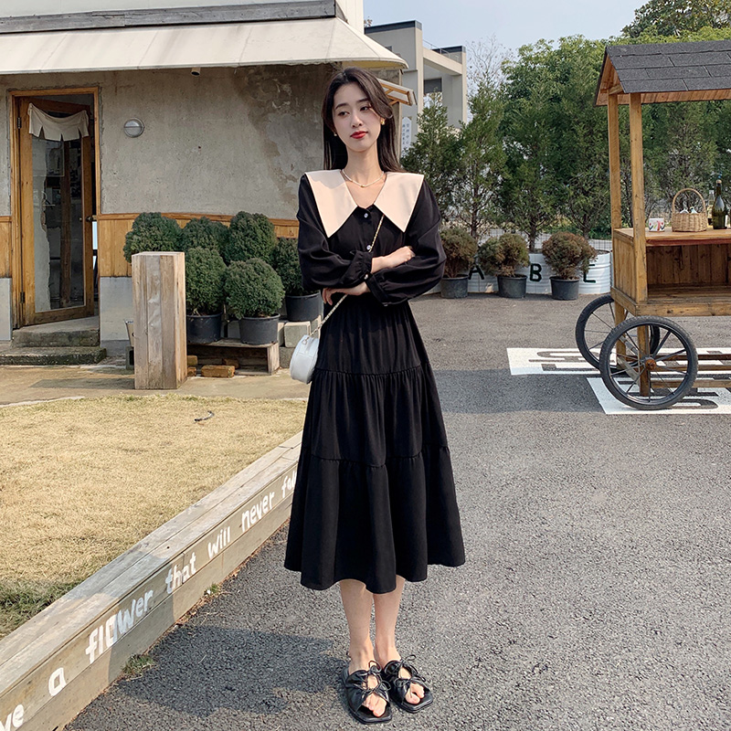 赫本风法式 新款 娃娃领连衣裙女2024春季 显瘦气质蛋糕裙子 黑色长袖