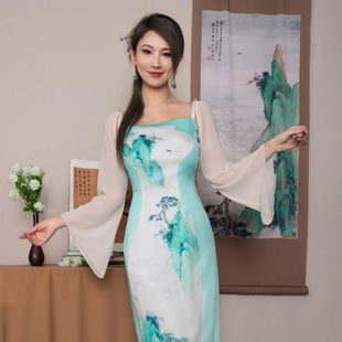 Magic 青绿山水印花可拆卸雪纺袖 新中式 吊带改良连衣裙