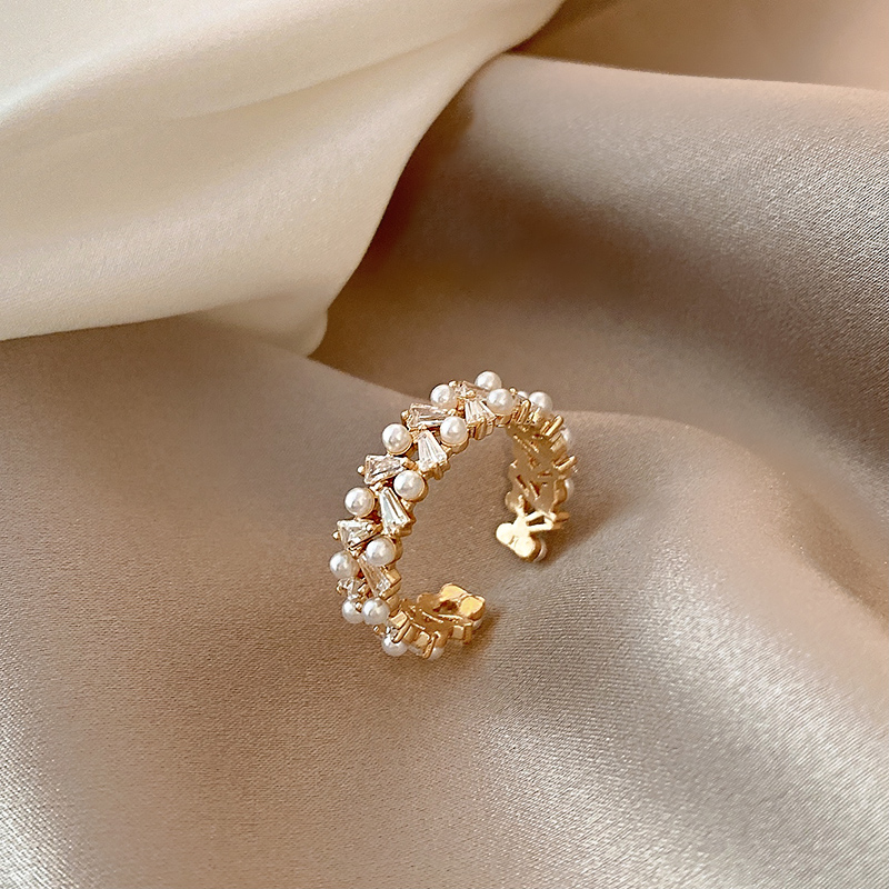 指环 时尚 双排珍珠锆石戒指女轻奢小众设计高级感开口戒简约个性