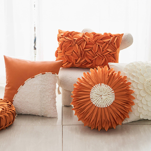 北欧橙色立体花瓣花朵豪华客厅沙发艺术抱枕套靠垫圆形抱枕南瓜枕