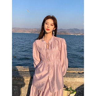 安酒月韩系粉紫色套装 春夏法式 女高腰百褶裙高级感显白两件套 衬衫