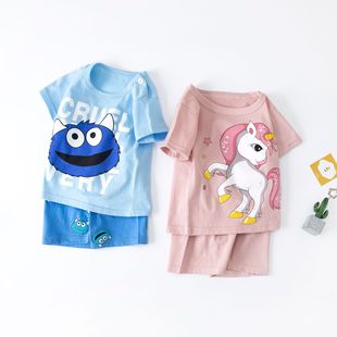 儿童夏季 纯棉T恤短裤 套装 男女童两件套宝宝睡衣新生婴儿衣服 短袖