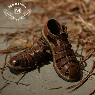 Mantova曼托瓦 22年款 圆头低跟水洗做旧擦色马皮编织罗马包头凉鞋