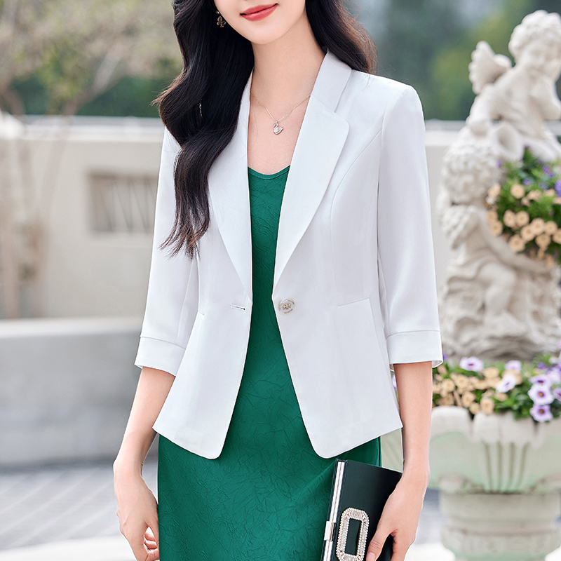 西服职业 韩版 气质高级感七分袖 短款 外套女春夏薄款 白色醋酸小西装