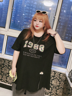 350斤设计感开叉短袖 女装 hello胖妞特大码 T恤亮片纹理感显瘦韩版
