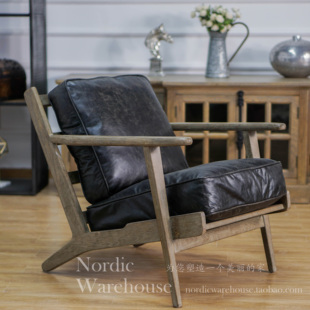 十年老店 复古 乡村法式 真皮实木橡木单人沙发头层牛皮休闲椅 美式