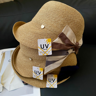 日本原单草帽防晒抗UVCUT98%紫外线卷边蝴蝶结可折叠遮阳帽太阳帽