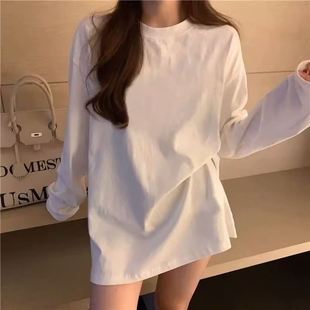 白色长袖 t恤女2024新品 纯棉上衣纯色设计感小众 宽松内搭打底衫