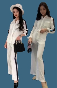 时尚 韩版 长裤 女装 春秋新款 宽松显瘦 两件套 套装 直筒裤 雪纺衫