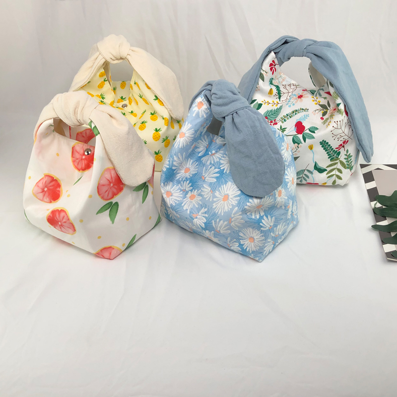 学生手提饭盒包 和风可爱兔耳朵便当包帆布包花朵午餐饭袋 ins日式
