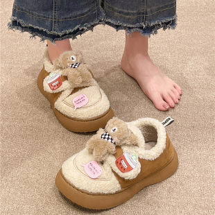 加绒棉拖鞋 女士可爱小熊魔术贴厚底冬季 室内外穿保暖防滑包跟棉鞋