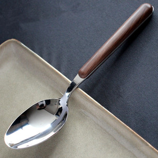 高档仿胡桃木柄不锈钢勺子食品级餐勺圆头勺家用长柄饭勺汤勺汤匙