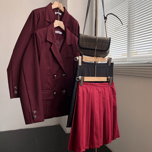 1.7斤酒红色高级感长袖 时尚 外套皱褶半身裙套装 休闲洋气F$21 西装