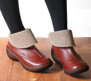日本制毛针织翻筒女鞋 正品 日系休闲皮鞋 大头厚底坡跟套筒高帮鞋