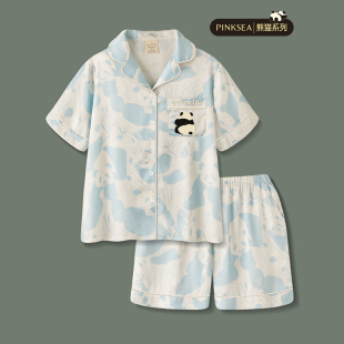 Pinksea冰丝睡衣女夏季 高级感熊猫短袖 可外穿新款 家居服夏天套装