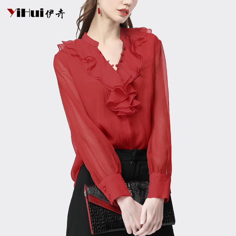 荷叶边v领雪纺衫 新款 气质通勤上衣2024春装 女设计感洋气红色衬衫