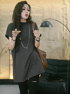 T恤女2024夏季 韩版 灰色连衣裙子 新款 简约百搭宽松大码 中长款 短袖