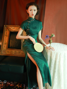 改良旗袍绿色修身 女复古中国风老上海日常生活装 连衣裙 高开叉长款