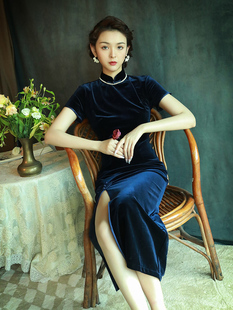 藏青色丝绒旗袍女复古中国风改良版 高端连衣裙性感时尚 中长款 秋季