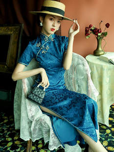 蓝色旗袍2021年新款 女日常可穿改良版 中国风连衣裙 复古老上海长款