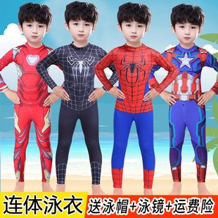蜘蛛侠儿童泳衣长袖 新款 男孩超人钢铁侠美国队长夏季 连体防晒长裤