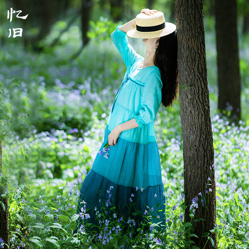 现货 新款 复古蓝色苎麻连衣裙女夏季 圆领拼接渐变裙子 又见青山