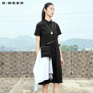 sdeer圣迪奥夏装 裙子条纹拼接不规则短袖 连衣裙S222Z1214 黑色衬衫