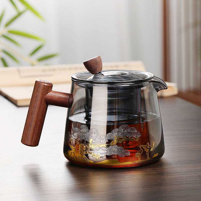 玻璃泡茶壶茶具家用木把耐高温加厚耐热过滤煮茶器茶水分花茶水壶