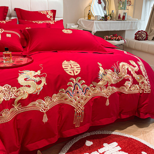 高档龙风刺绣婚庆四件套大红色床单被套纯棉全棉婚房结婚床上用品