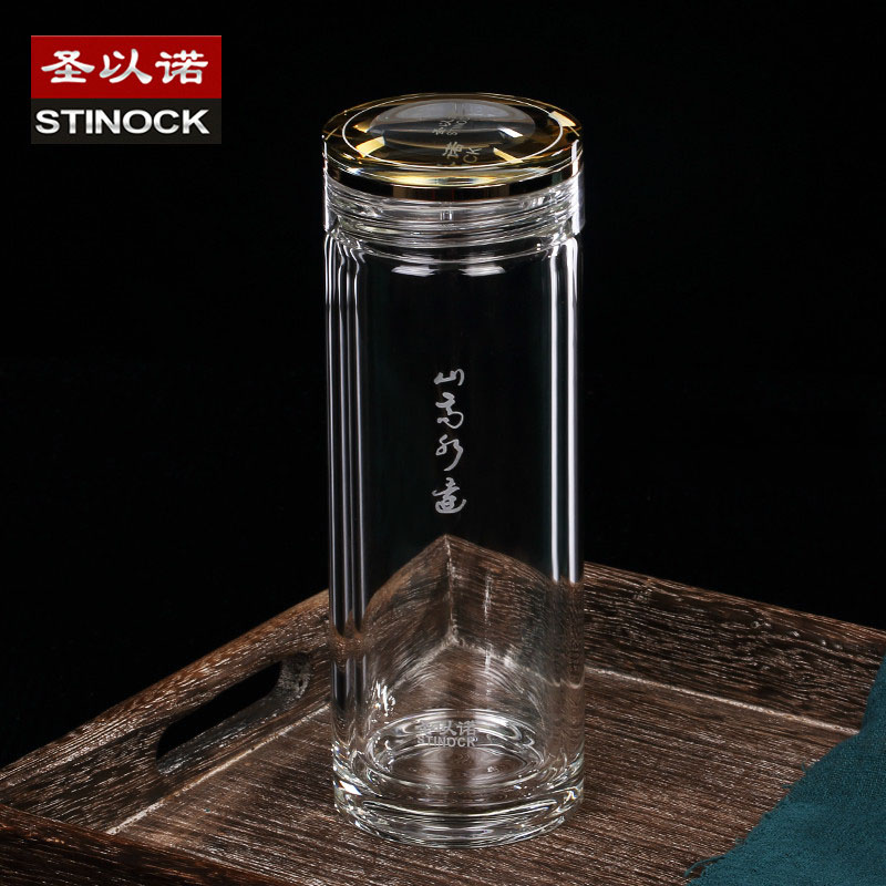 纯色透明中年杯 礼品男士 圣以诺双层玻璃杯耐高温圆形精致商用中式