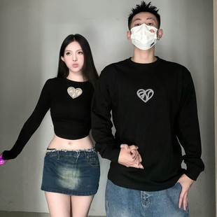 不一样情侣装 显瘦男女长袖 2023小众设计感韩版 t恤一长一短潮 秋季