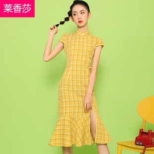 中国风改良版 格子旗袍鱼尾裙少女年轻款 日常可穿 复古连衣裙中长款