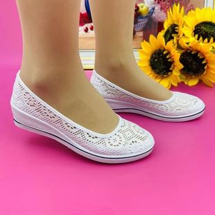 韩版 一字护士鞋 美容鞋 女白色夏季 镂空妈妈小白鞋 坡跟平底2023新款