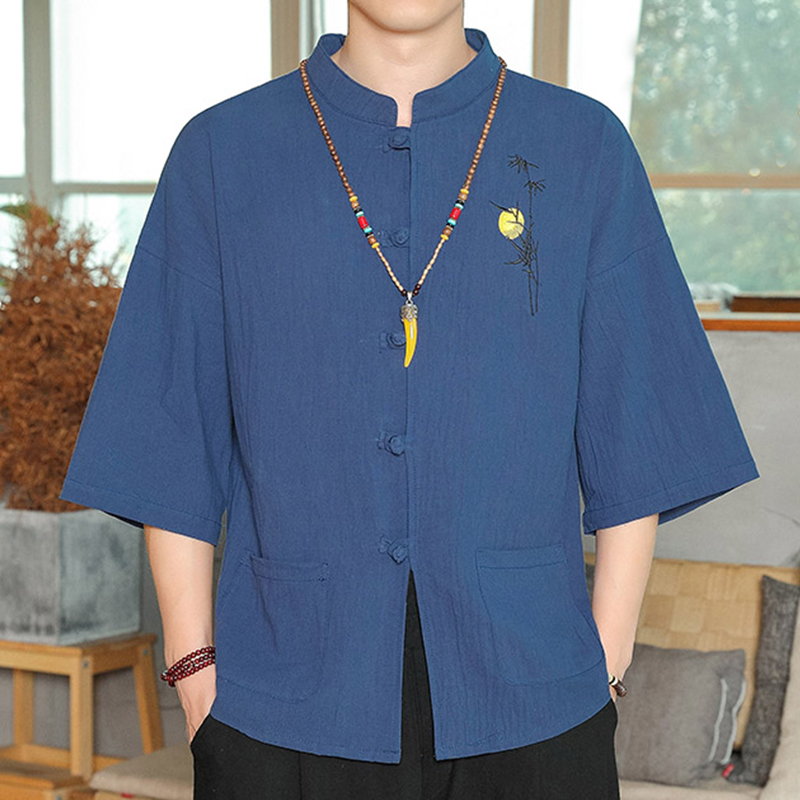 中式 中国风棉麻男衬衫 上衣服 立领中山亚麻短袖 复古风唐装 半袖 夏季