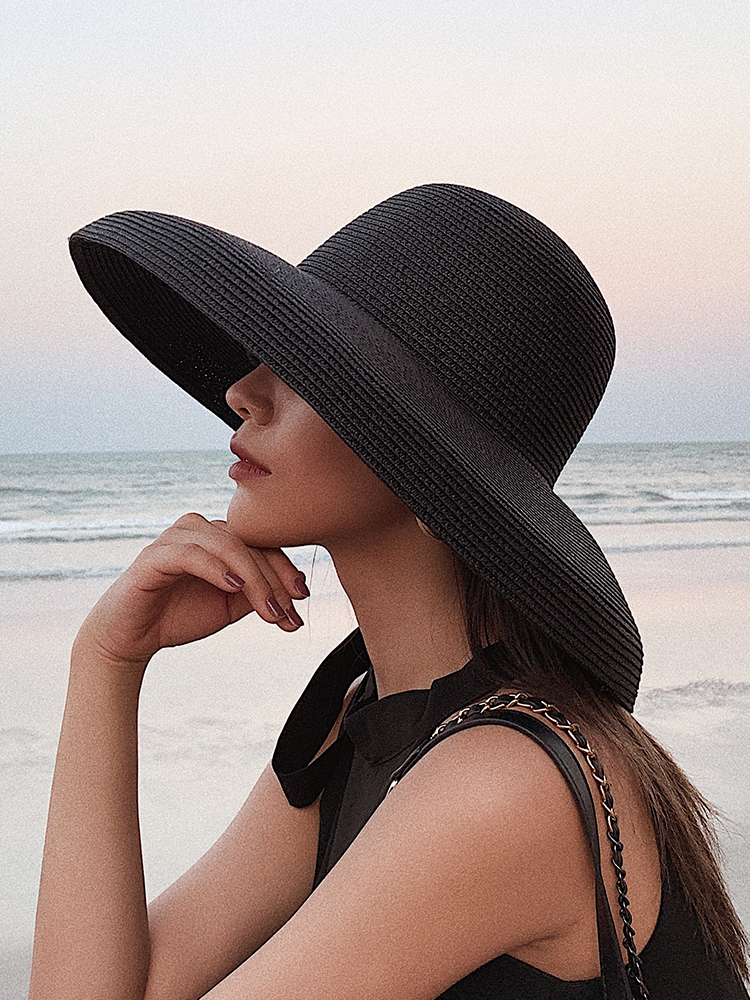 赫本黑色网红草帽遮阳帽防晒海边沙滩帽子女夏大沿太阳帽 复古法式