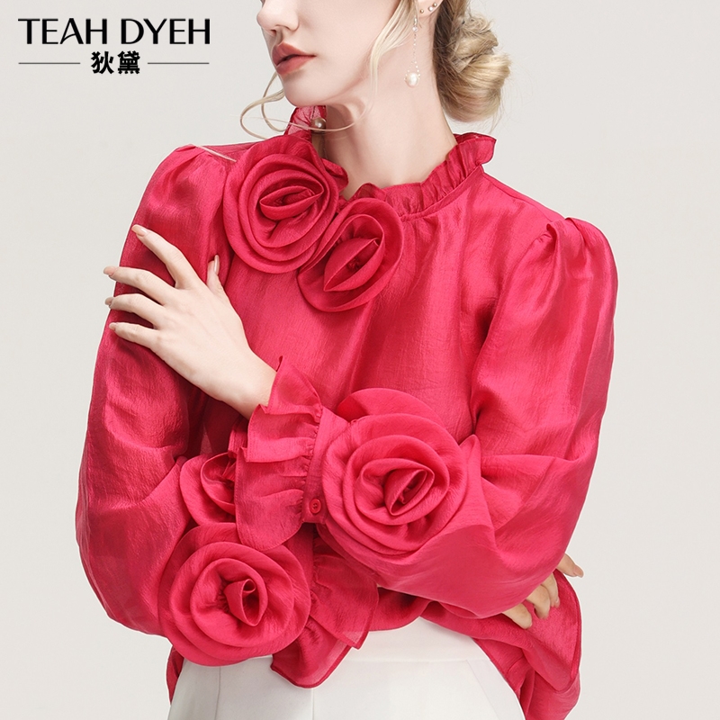 高贵冷艳 名媛气质欧货玫红色立体花朵衬衫 质感纹理 上衣 魅力