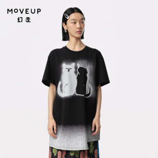 MOVEUP幻走2024夏季 新款 T恤女 .FUN系列印花渐变设计师纯棉中长款