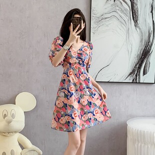 A字裙子 2024夏季 新款 韩版 高腰显瘦短袖 小个子花色连衣裙女中长款