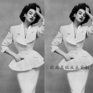 1950S优雅白色掐腰大摆西装 外套女春秋新款 显瘦气质大牌 复古修身