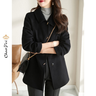 2022黑色双面零羊绒大衣韩版 品牌女装 气质显瘦羊毛呢子外套 秋冬季