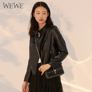 黑色时尚 夹克 女装 潮流机车pu皮衣立领拉链短款 WEWE唯唯秋季